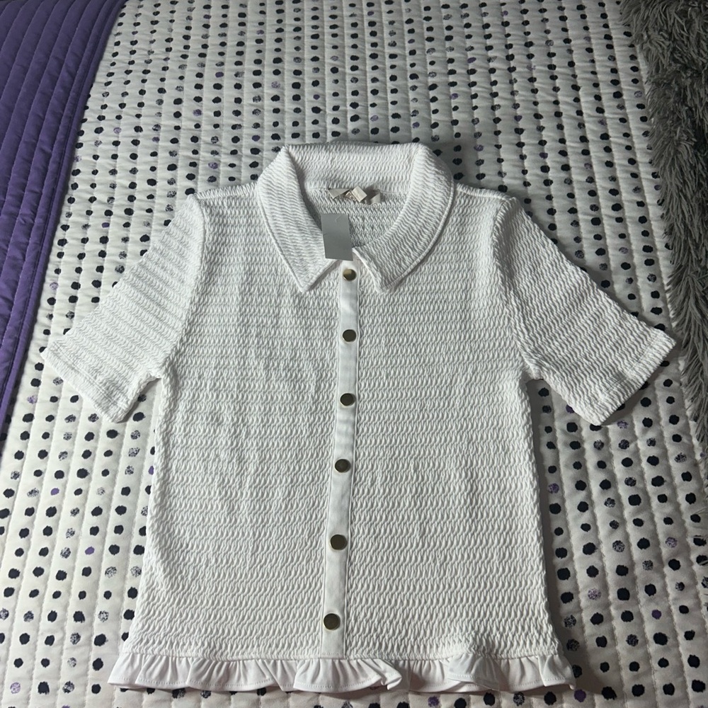 LOFT White Textured Button-Down Shirt